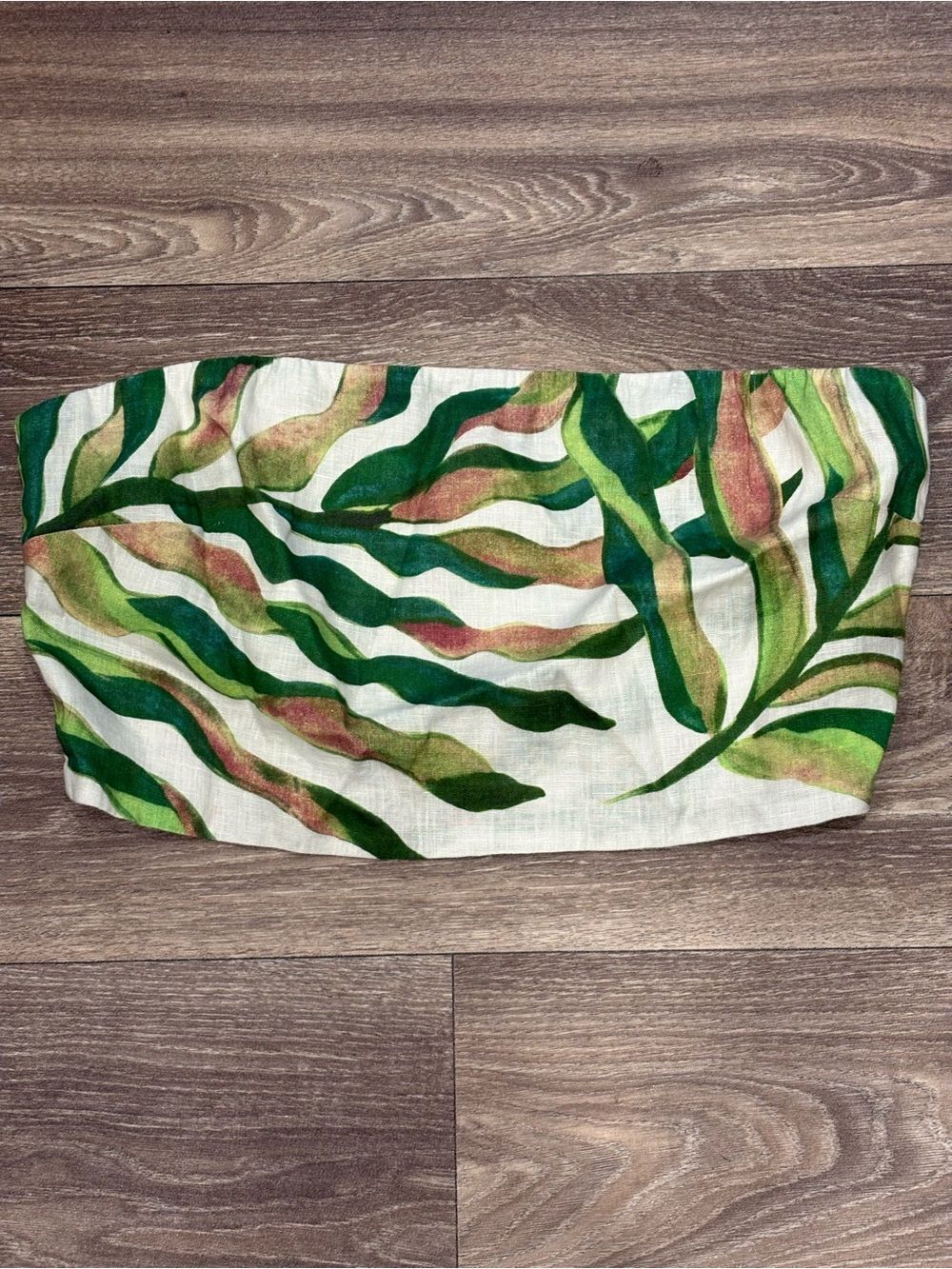 Magaschoni Leaf Print Bandeau Top in White and Green Size Large 100% Linen